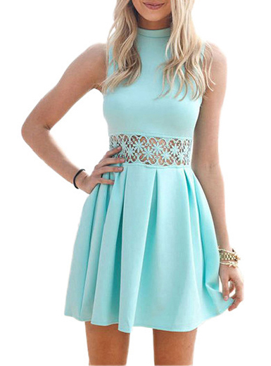 Light Blue Fit and Flare Dress - Lace Middle / Pleated Skirt / High Neck / Sleeveless